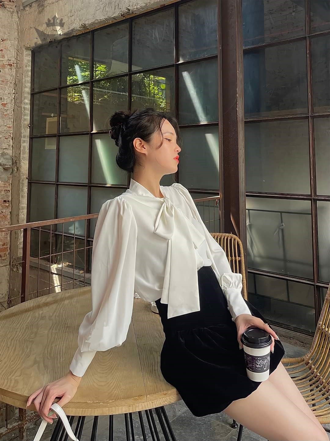 Women Silk Blouse With Bishop Sleeves and Tie Neck - Women Ribbon