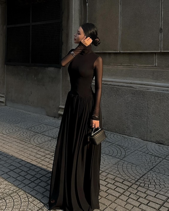 Prom Maxi Dress With High Neckline and Sheer Long Sleeves  Custom Floor  Length Women's Gown for Formal and Cocktail Wear in Black - Etsy