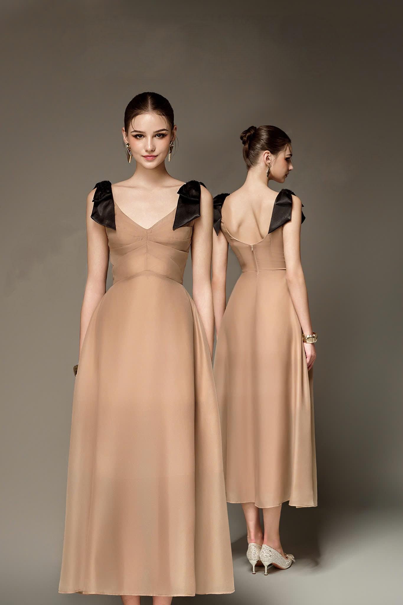 Organza Maxi Dress with V-Neck and Shoulder Bow Detail | Formal Evening Gown | Fit Flare Long Dress | High Waist Dress for Women Organza Maxi Dress with V-Neck and Shoulder Bow Detail | Formal Evening Gown | Fit Flare Long Dress | High Waist Dress for Women