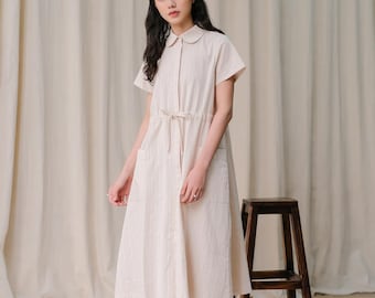 Linen Shirt Dress with Peter Pan Collar, Short Sleeve Midi Dress with Pockets, Drawstring Waist Cottagecore Dress, Vintage Linen Button Down