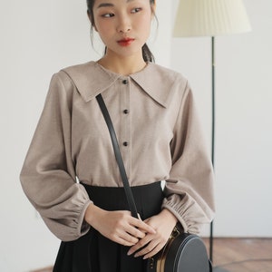 Women Linen Blouse with Long Bishop Sleeves and Sailor Collar