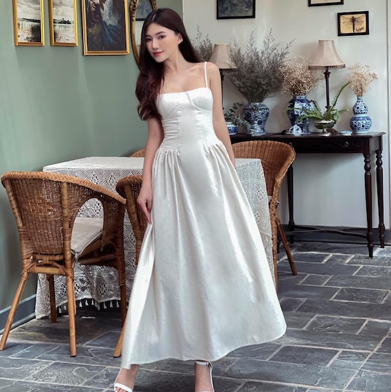 High Waist Dress - A Line Midi Linen Dress - Spaghetti Straps Linen Dress - Square Neckline Linen Dress