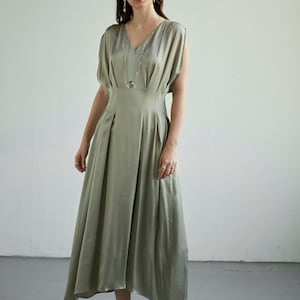 A-Line Pleated Midi Silk Dress with A Cap Sleeve and V Neckline