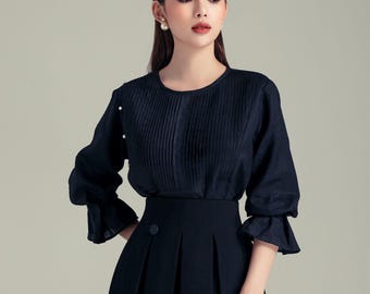 Elegant Linen Pleated Shirt – Puff Sleeve Blouse with Pearl Detail – Chic 3/4 Sleeves Top – Classy Outfit for Women - Crew Neckline Blouse