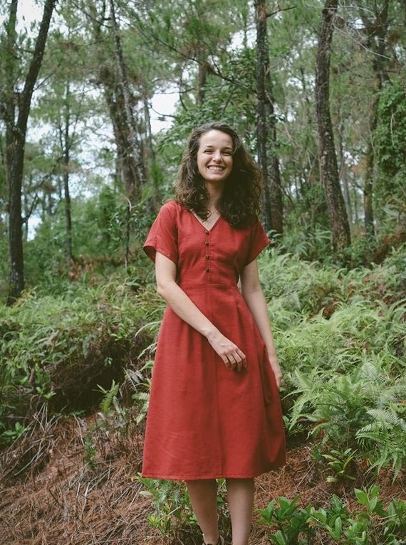 Short Sleeves Front Button A-line Linen Dress - Available in 50 Colors
