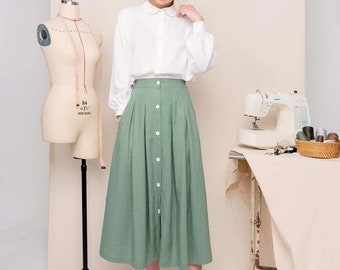 A-line Linen Midi Skirt / Pleated Linen Maxi Skirt / Available in 50 Colors