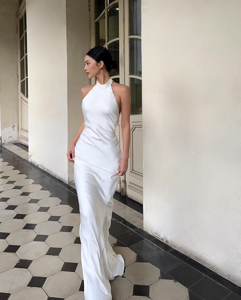 Godet Silk Wedding Dress in White Maxi Pencil Simple Wedding Dress Bridesmaid Dresses Silk Dress Gift For Her Wedding Guest Dress zdjęcie 3