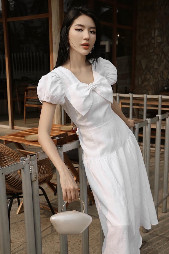 Puff Sleeve Midi Dress with Big Bow Front / A Line Linen Dress for Women / Tiered Midi Dress / Formal Summer Linen Dress