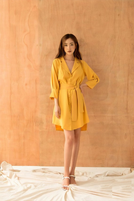 Linen Loose Dress in ABOVE THE KNEE Length With Notched Collar and Front  Wrapped Buttons / Soft Linen Shirt Dress / Detachable Tie - Etsy