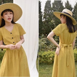 Loose Linen Dress with Undetachable Tie / Self Tied Bow Knot MIDI / MAXI Dress / Summer Basic Dress / Available in 50 Colors