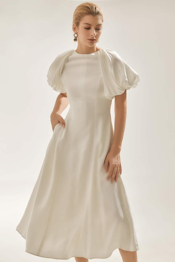 Short Puff Sleeves Silk Dress - White A line Silk Dress - Midi Silk Women Dress Short Puff Sleeves Silk Dress - White A line Silk Dress - Midi Silk Women Dress