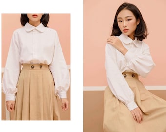 Linnen blouse met lange mouwen en pofmouwen - verkrijgbaar in 50 kleuren