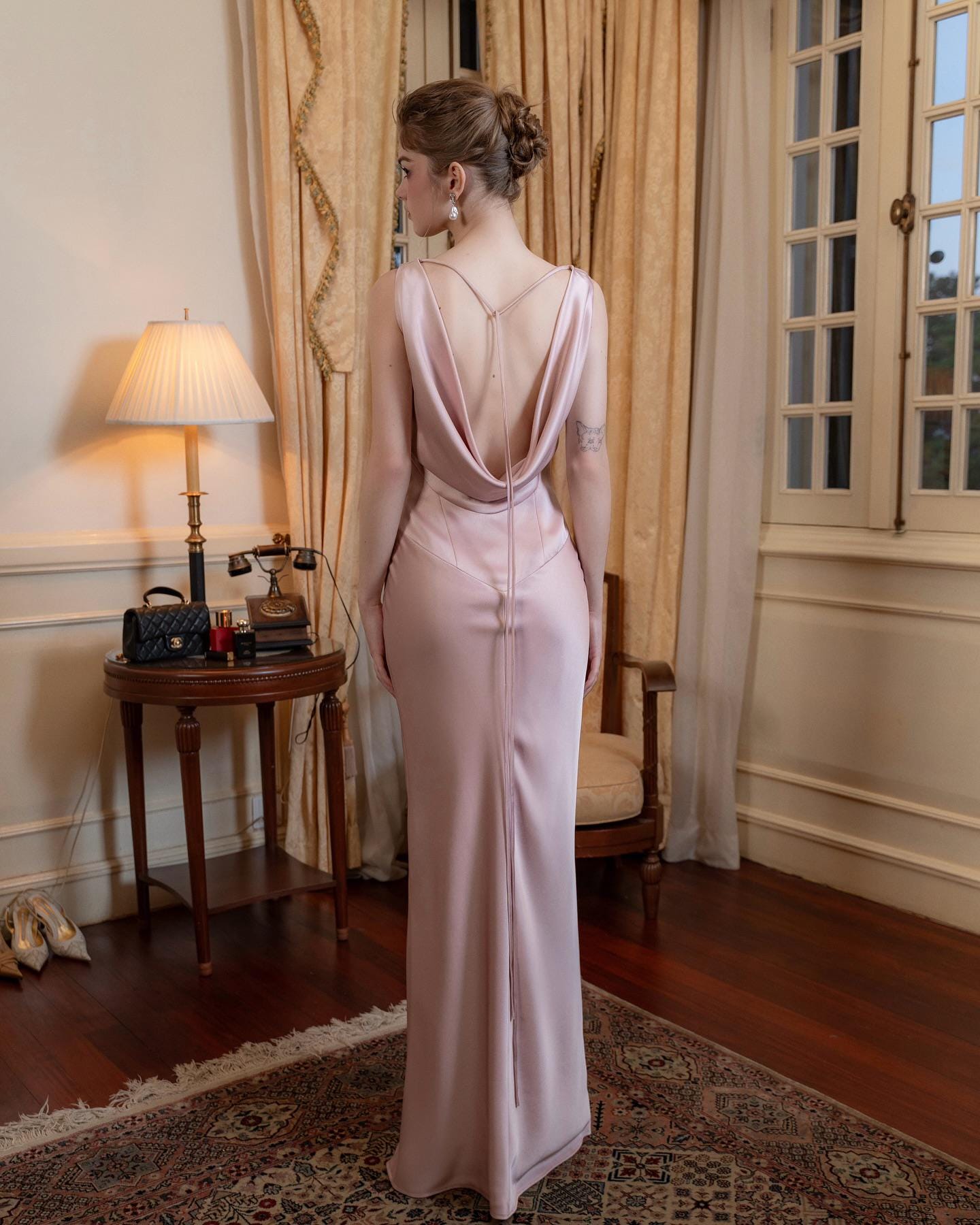 backless wedding guest dress Minimal silk wedding guest dress Simple backless dress Custom silk bias slip maxi dress Low back cowl neck bridal dress with tie back
