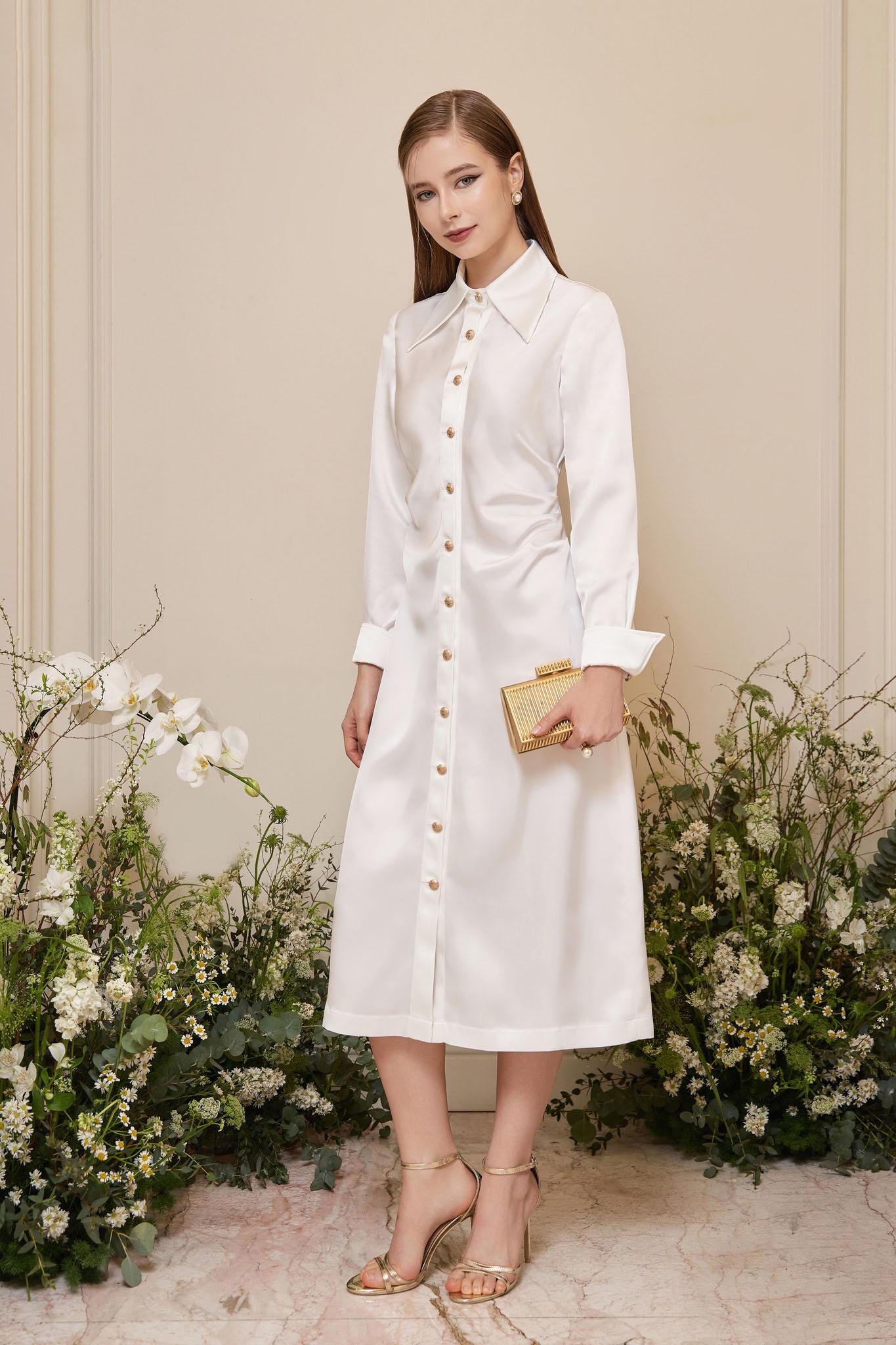 white silk button down dress V Neck Silk Dress - Front Buttons Silk Dress - Long Bishop Sleeves Silk Shirt Dress