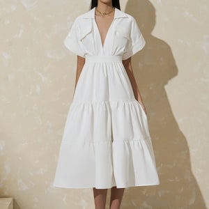 Tiered Midi Linen Dress with Short Sleeves in White