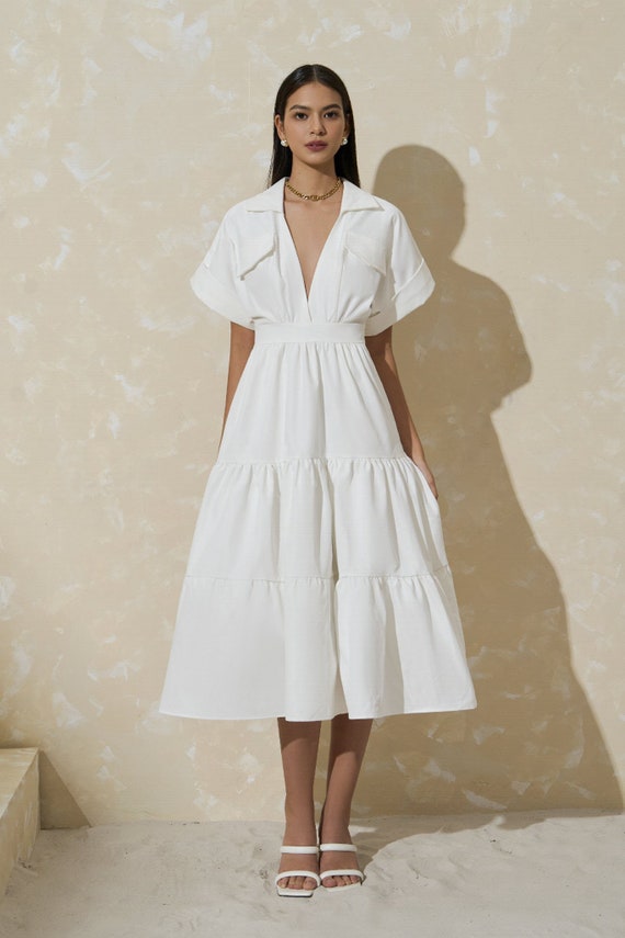 white tiered linen dress Phoebe Tiered Linen Dress | Romantic Layered Duster in White