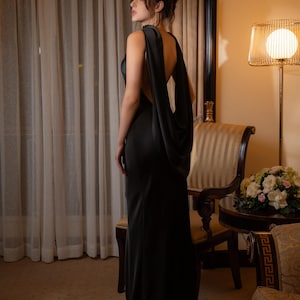 Silk wedding guest dress Simple backless bridal gown Low open back minimal silk dress Engagement wear Special style dress Detachable scarf