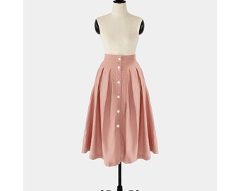 Pleated Linen Midi Skirt with Front Buttons / Available in 50 Colors