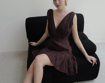 Linen Mini Dress with Deep Plunging V-Neck, Sex Sleveless Vacation Gown, A-Line Short Dress, Chic Boho Summer Beach Cocktail Party Gown