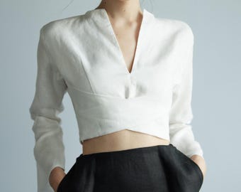 Linen Crop Top with Split Neck, Minimalist Blouse with Tie Back, Elegant Long Sleeve Summer Shirt, Chic Cropped Linen Top for Women