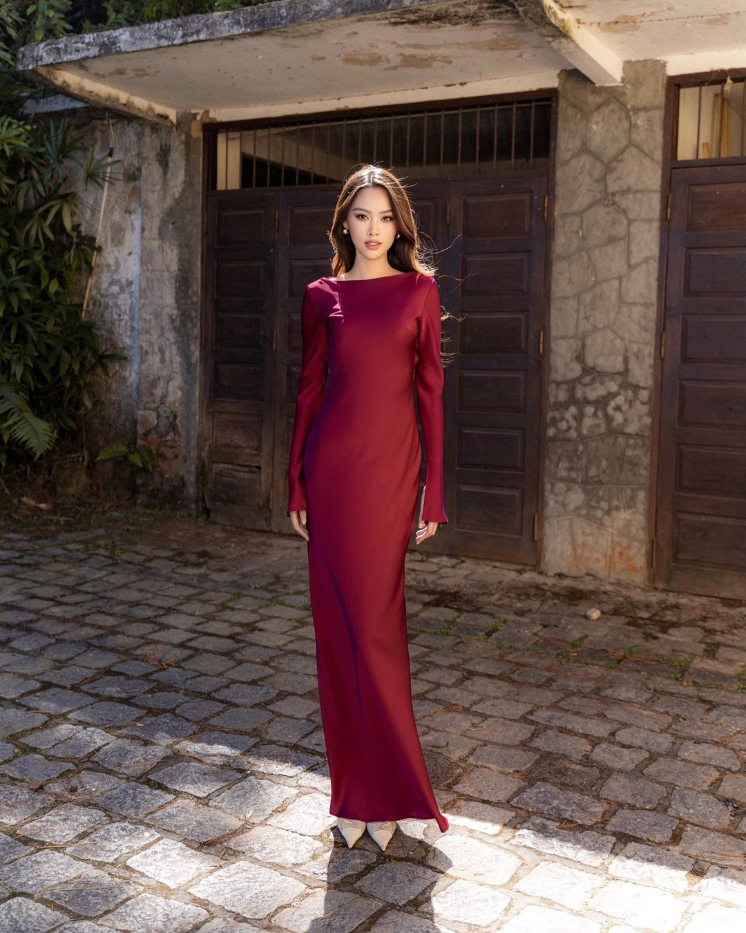 Boat Neck Dress Silk Dress Prom Dress Dark Red Dress