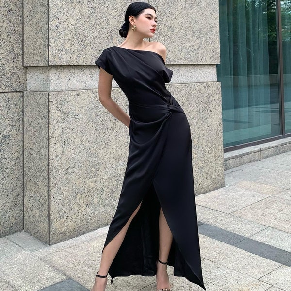 Asymmetrical Maxi Dress, One shoulder Silk Slit Dress, Sleeveless Dress with Front Twist