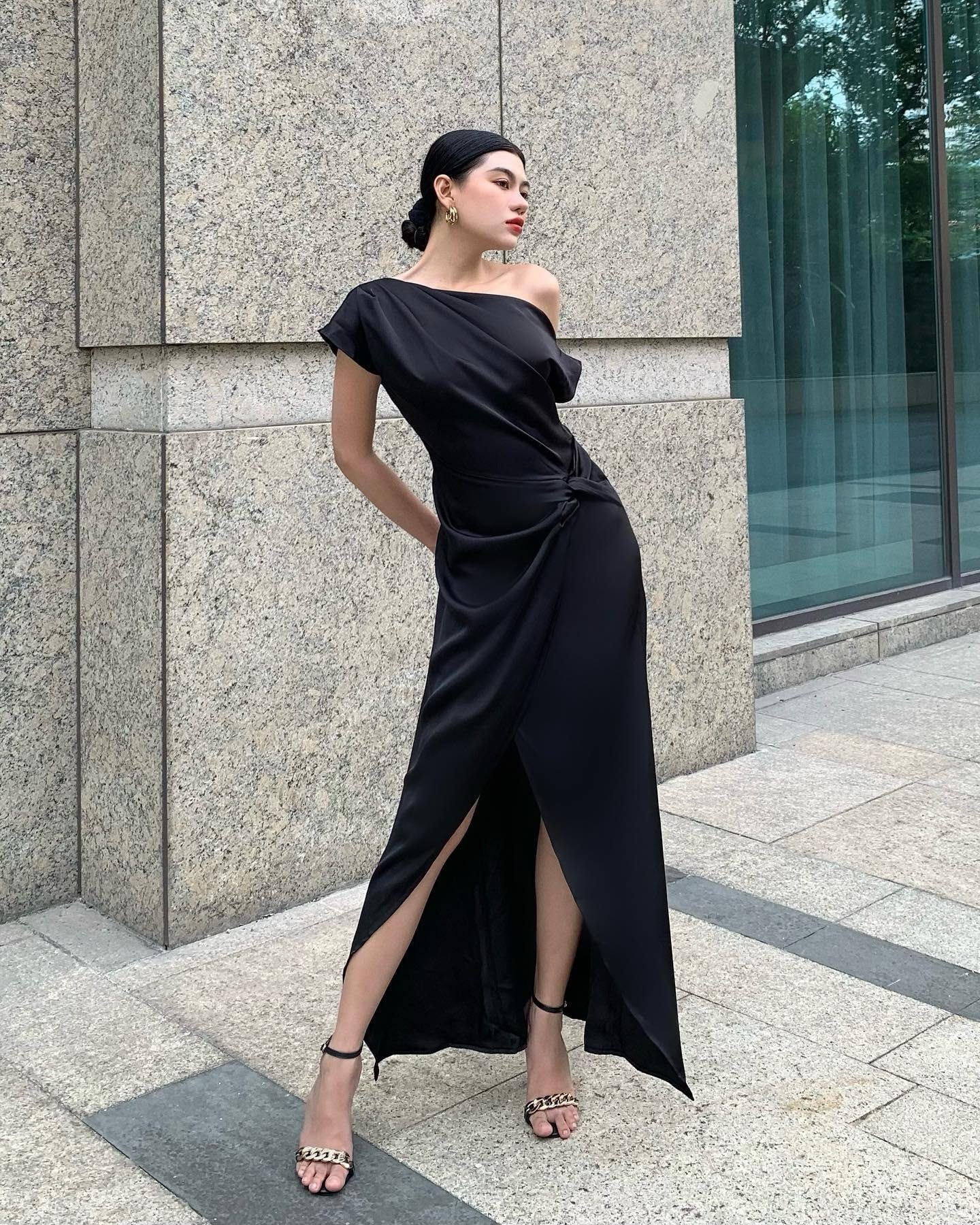 Asymmetrical Maxi Dress, One Shoulder Silk Slit Dress, Sleeveless