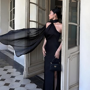Backless Silk dress with halter neck, open-back silk maxi dress with tie neck, Wedding guest maxi dress, Black long evening dress