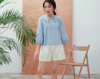 Loose Linen Blouse with Front Covered Buttons / Available in 40 Colors