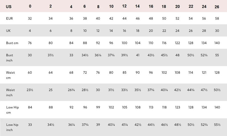 May include: Size chart for clothing with measurements in US sizes, UK sizes, European sizes, centimeters, and inches. The chart includes bust, waist, and low hip measurements.