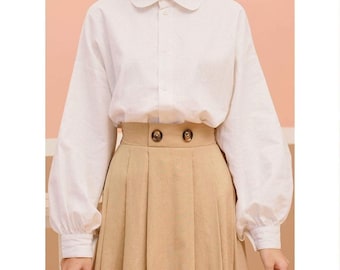 Linnen blouse met lange mouwen en pofmouwen - linnen overhemd met kraag voor dames - blouse met bisschopsmouwen