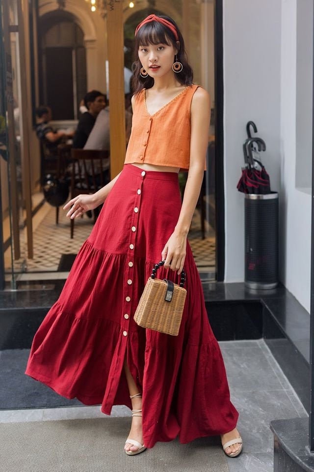 Maxi Leinenrock mit Knöpfen - Übergröße Langer Leinenrock - Abgestufter Leinen Vollrock - Urlaub Leinen Maxi / Midirock