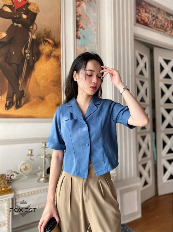 Short Sleeve Linen Top With Button up Collared Linen Shirt