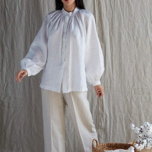 Loose Linen Blouse - Bishop Sleeves Women Linen Shirt With Ruched ...