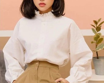 Victorian Blouse - Loose Linen Blouse in White with Long Bishop Sleeves and Frill Neck / Available in 50 Colors