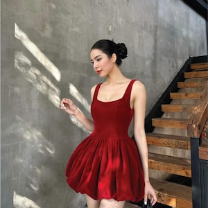 Mini Bubble Dress - Scoop Neckline Mini Dress / Open Back Short Dress with sleeveless / Lady Mini Dress / Summer Wedding Guest Dress