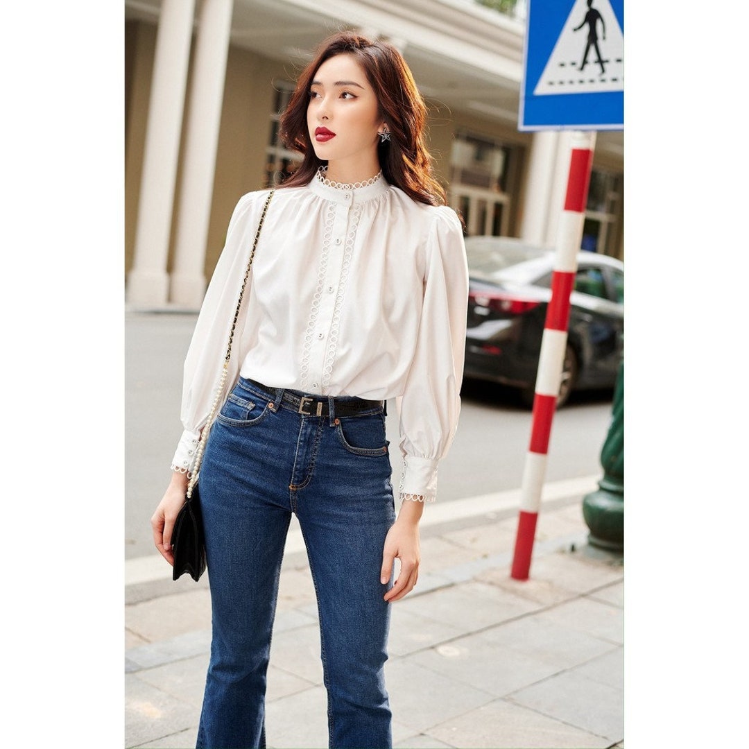 Shirred Linen Blouse With Lace Trim - Cotton Poplin Women Blouse