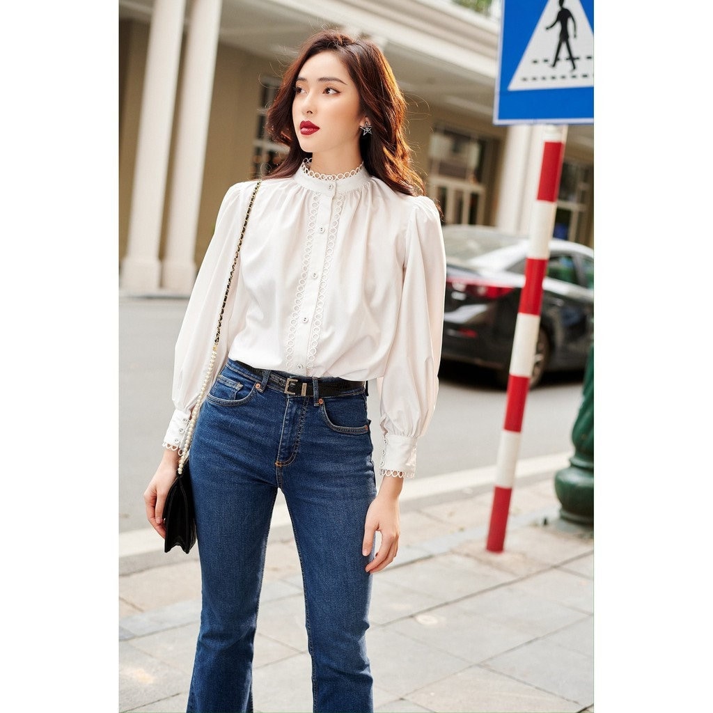 Shirred Linen Blouse With Lace Trim - Cotton Poplin Women Blouse