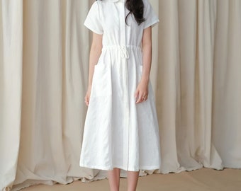Loose Linen Dress / Short Sleeve Linen Shirt Dress with Roomy Pockets / Peter Pan Collar Dress / Drawstring Waist Linen A Line Dress