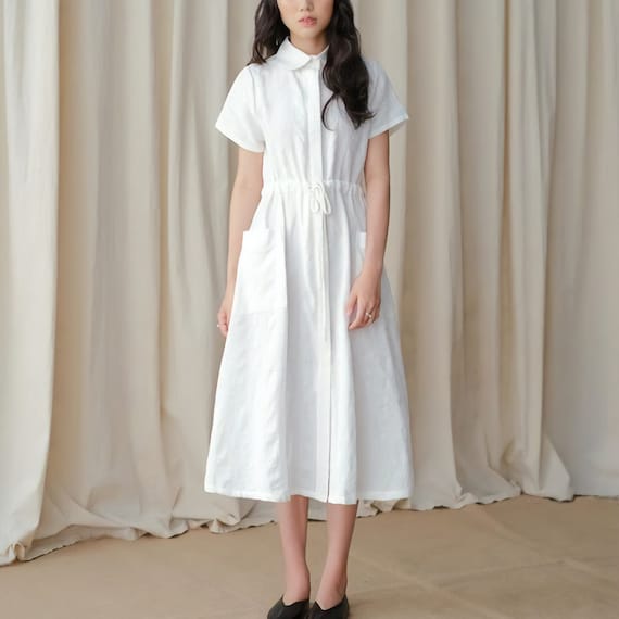 Loose Linen Dress / Short Sleeve Linen Shirt Dress With Roomy Pockets /  Peter Pan Collar Dress / Drawstring Waist Linen A Line Dress - Etsy Ireland
