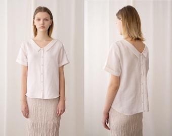 Short Sleeve Linen Top with Back Buttons - Casual Linen Top - Summer Linen Blouse