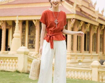 Loose Linen Top | Short Sleeves | Detachable Tie | 2 Ways to Wear