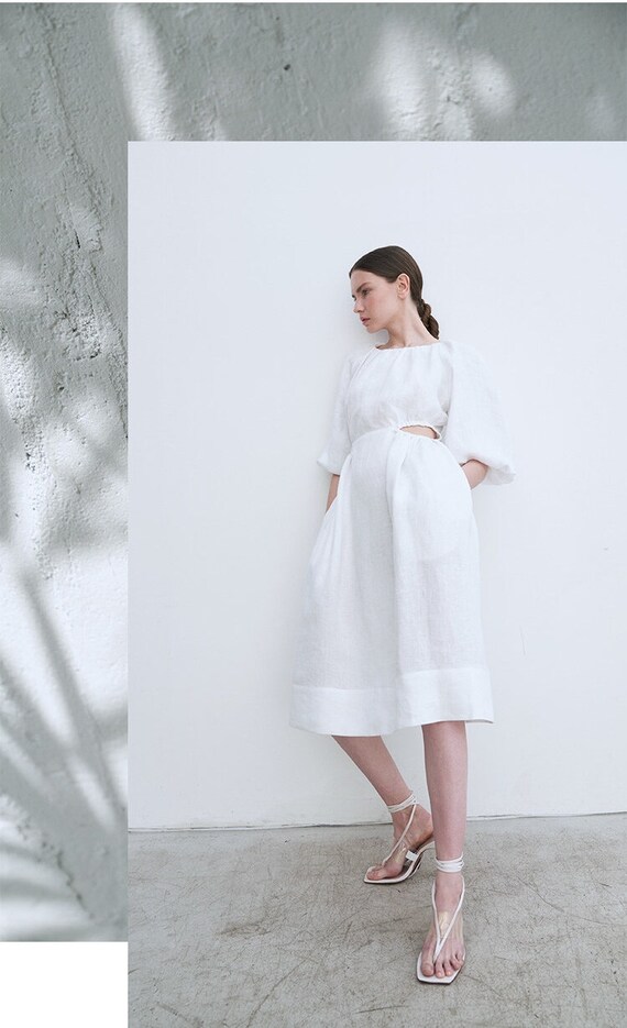 Cut Out Linen Dress - Puff Sleeves Midi Linen Dress - Bishop Sleeves Linen White Dress - A Line Women Dress