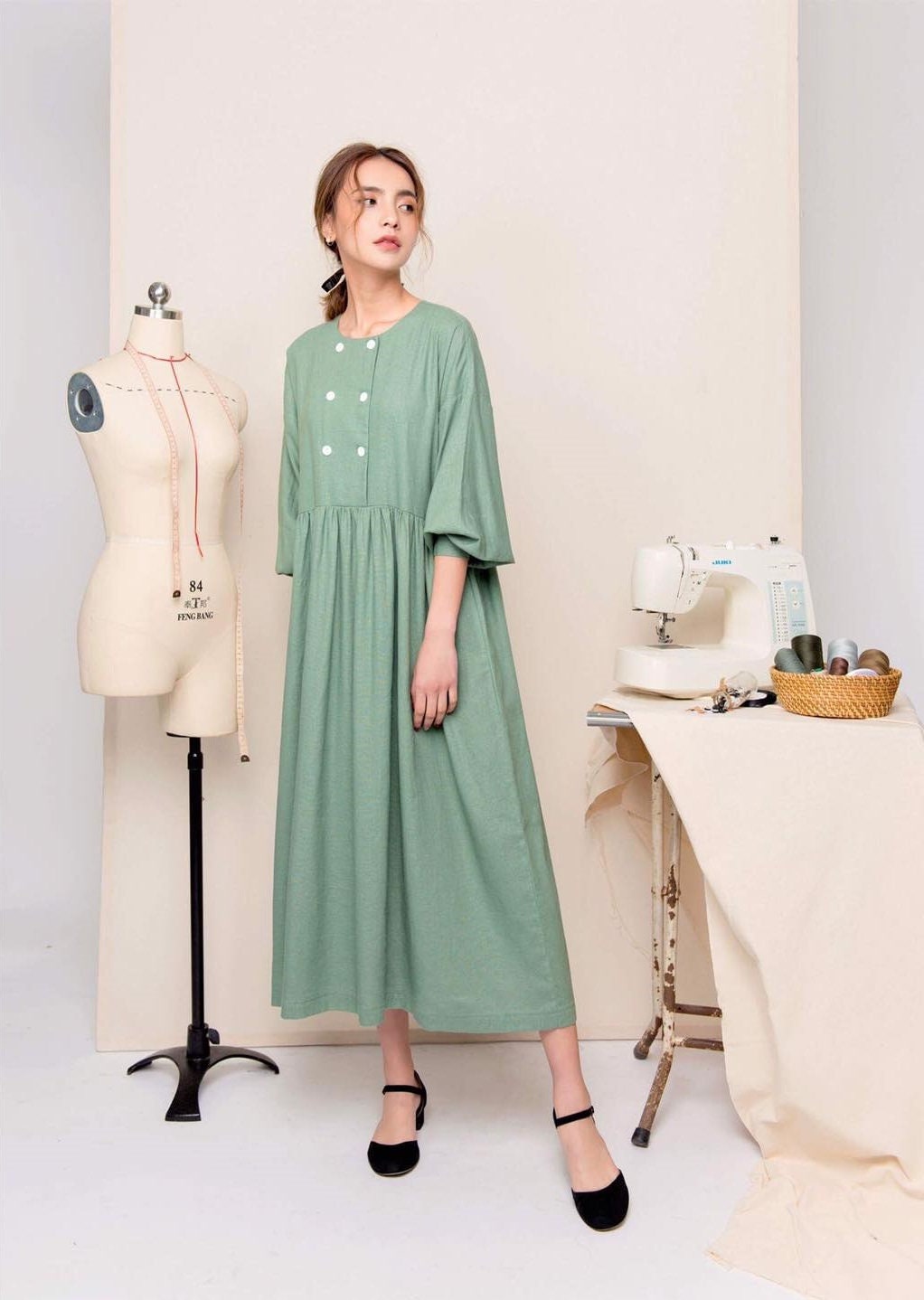 Loose Linen Midi/Maxi Dress Ruched Waistline & Puff Sleeves With Cuff in Mint Available 50 Colors