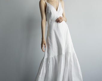 Tiered Dress with Deep V-Neck, Elegant Sleeveless Ruffle Flounce Gown, Minimalist Boho Summer Party Dress, Gothic Aesthetic Formal Clothing