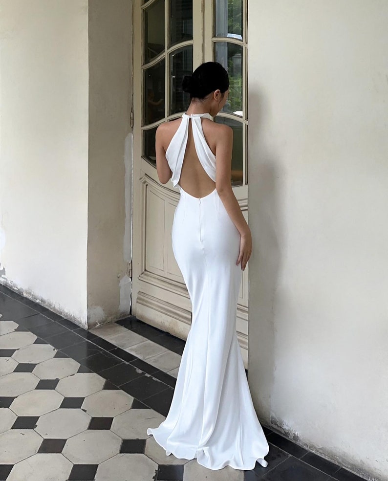 Godet Silk Wedding Dress in White Maxi Pencil Simple Wedding Dress Bridesmaid Dresses Silk Dress Gift For Her Wedding Guest Dress zdjęcie 4