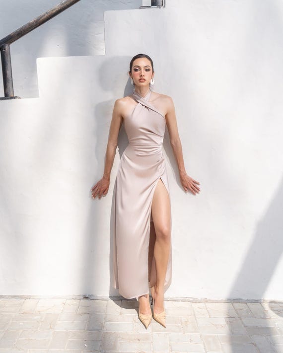 Halter Neck Maxi Dress with High Split - Maxi Open Back Dress - Bridesmaid Dresses - Silk Dress - Gift For Her - Wedding Guest Dress