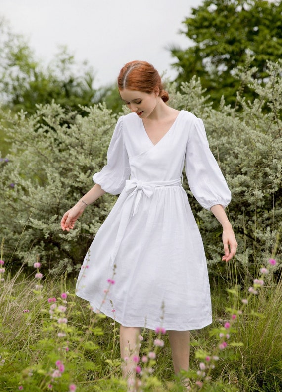 Linen Wrap Dress With Frills, Peasant Sleeve Tunic, Casual Knee
