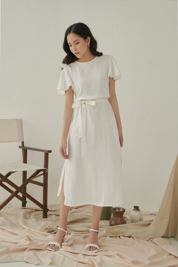 Tie Waist Linen Midi Dress in White - Bell Sleeve Linen Long Dress - Loose Linen Dress Women - Crew Neckline Linen Dress - Beautiful Dress Tie Waist Linen Midi Dress in White - Bell Sleeve Linen Long Dress - Loose Linen Dress Women - Crew Neckline Linen Dress - Beautiful Dress