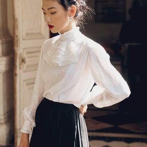 Jabot Collar Blouse - White Linen / Cotton Top with Long Bishop Sleeves